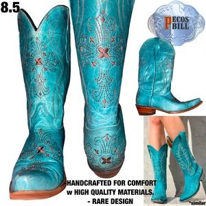 💎PECOS BILL Turquoise Leather Western Cowgirl Boots Embroidery Crosses 8.5